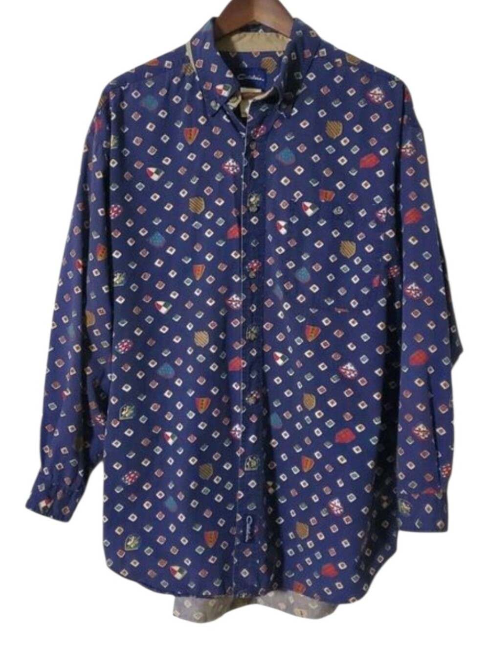 VINTAGE Catalina Shirt L Shield Crest Pattern Blue Cotton Button Up Mens